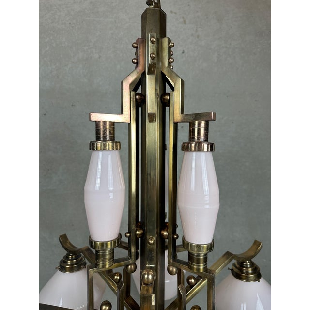 Art Deco Chandelier in Opaline and Brass, 1930s For Sale - Image 14 of 18
