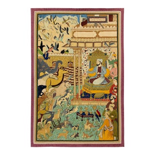Vintage Persian Miniature Court Scene Wall Tapestry | Handwoven Textile With Birds, Animals & Royal Gathering | 32” X 48” For Sale