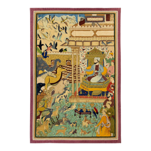 Vintage Persian Miniature Court Scene Wall Tapestry | Handwoven Textile With Birds, Animals & Royal Gathering | 32” X 48”