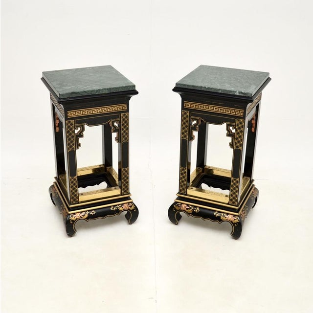 Antique Chinoiserie Lacquered Side Tables with Marble Tops, 1950s, Set of 2 For Sale - Image 10 of 10