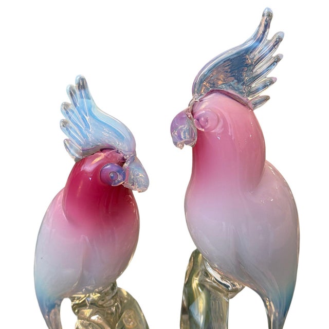 A striking signed Murano art glass sculpture by Italian artist Renato Anatra, depicting a pair of elegant cockatoos...