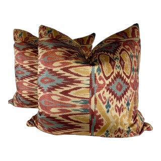 Lee Jofa "Trent Ikat" Velvet in Ruby/Gold 22" Pillows-A Pair For Sale