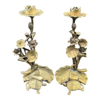 Chinoiserie Brass Turtle Candle Holders - a Pair For Sale