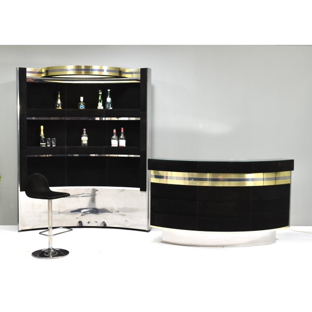 Hollywood Regency Bar in Black Suede, Brass and Chrome, 1970s For Sale - Image 4 of 18