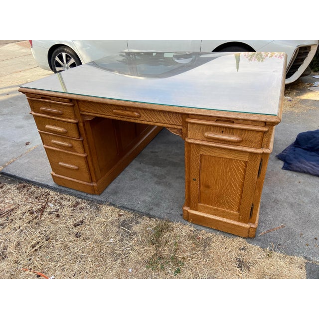 1940s Vintage Oak Partners Executive Double Sided Desk For Sale - Image 4 of 12
