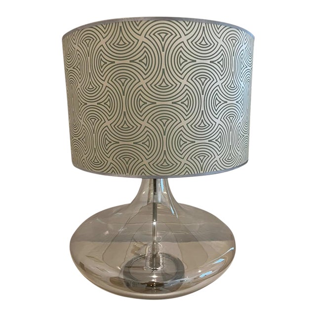 Oversized Mid-Century Modern Glass Lamp With Patterned Drum Shade, 1960s–1970s For Sale