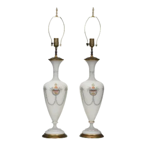 Vintage Pair of Glass Opaline Lamps With Hand Painted Design