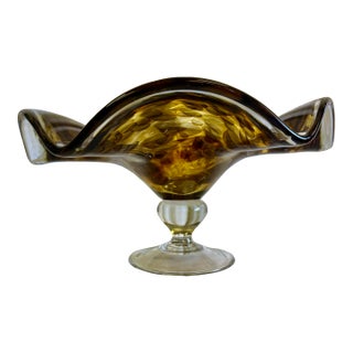 Vintage Ralph Lauren Style Hand-Blown Art Glass Pedestal Bowl - Faux Tortoise Shell Amber With Fluted Rim For Sale