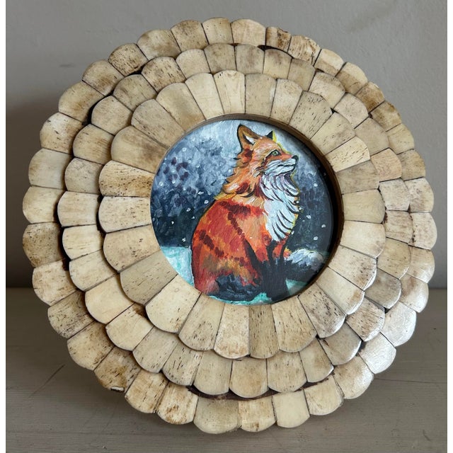 Contemporary Original Petite Painting of a Red Fox in the Snow in Ornate Round Frame For Sale - Image 3 of 8