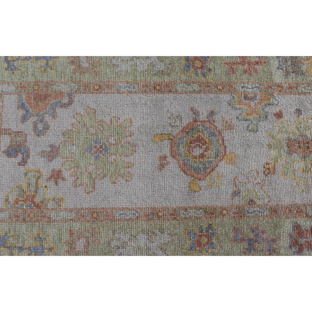 Ivory Turkish Oushak Runner in Ivory With Soft Green, Gold, and Coral 2'11 X 13'3 For Sale - Image 8 of 12