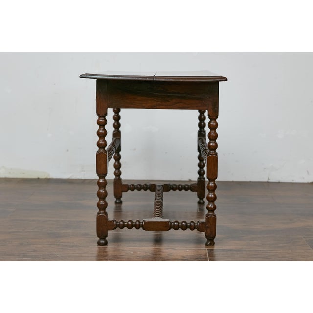 Brown 19th Century English Bobbin Leg Oak Side Table with Drawer and H Form Stretcher For Sale - Image 8 of 12