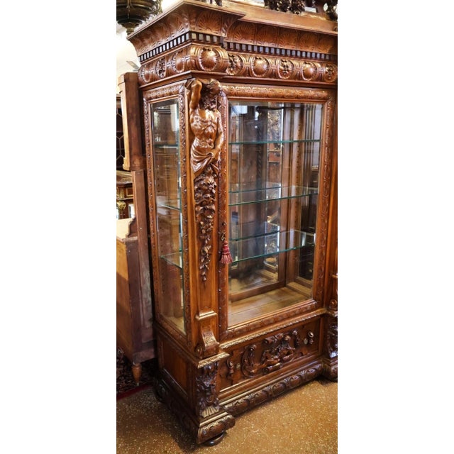 19th Century Renaissance Revival Atlas Walnut Figural Curio China Cabinet For Sale - Image 18 of 18