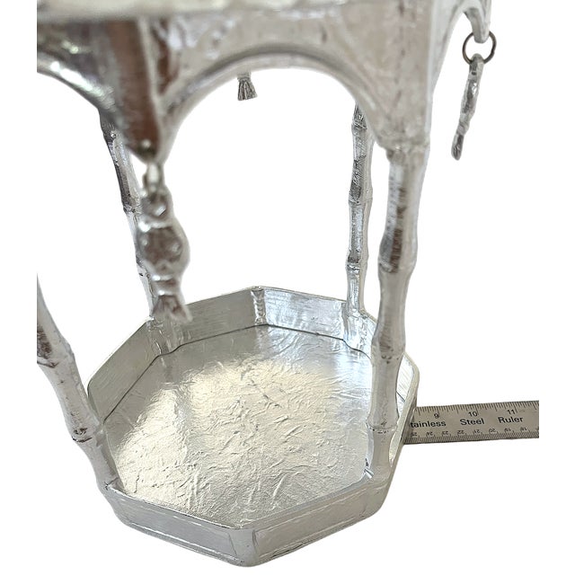 Silver 1980s Large Heavy Cast Aluminum Chinoiserie Pagoda Lantern & Centerpiece With Hanging Fish, 17" For Sale - Image 8 of 9