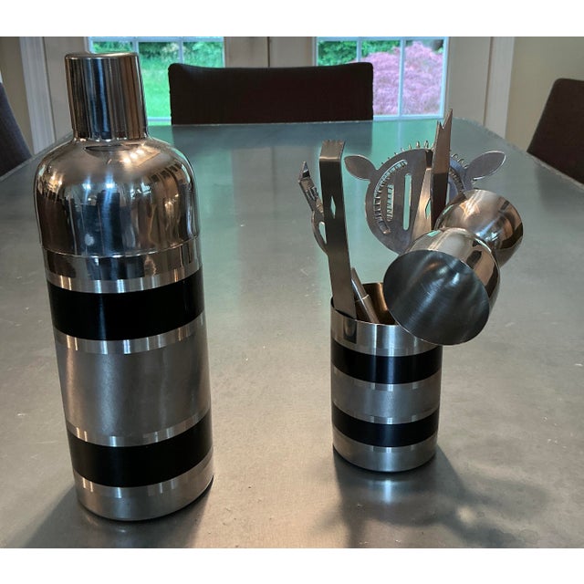 Mid-Century Modern Vintage Stainless Steel "Tuxedo Stripe" 7-Piece Bar Tool Set For Sale - Image 3 of 12