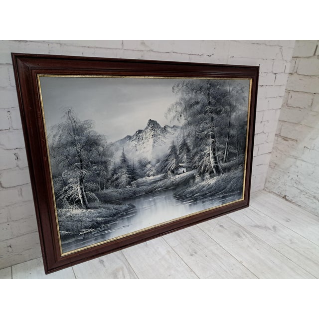 Large Oil Painting, Black & White Winter Landscape on Canvas, H. Gamlen, 1980 For Sale - Image 6 of 18