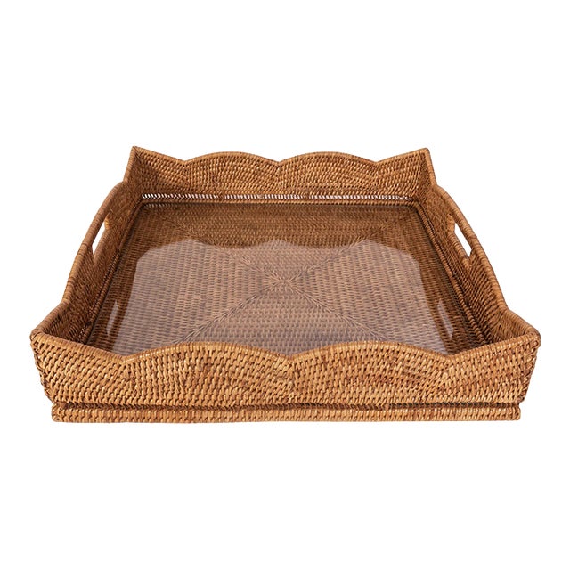 Artifacts Rattan Scallop Square Tray with Glass Insert in Brown For Sale