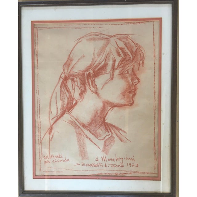 Terra Cotta Early 20th Century Framed Portrait of a Young Girl Drawing by Listed Italian Artist For Sale - Image 8 of 11