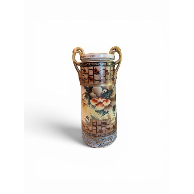 Early 20th Century Japanese Royal Nishiki Nippon Hand-Painted Porcelain Poppy Cylinder Vase - 13.5" H For Sale In Houston - Image 6 of 12