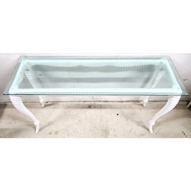 Hollywood Regency Italian Glass Console Solid Wood Faux Rope For Sale - Image 3 of 10