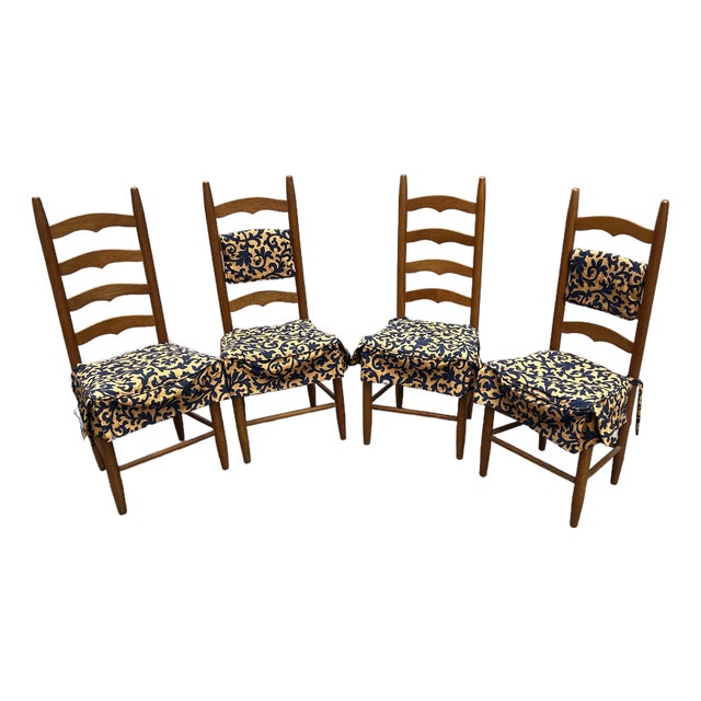 Collection of Vintage Farmhouse Wooden Ladderback Chairs With Custom Cushions For Sale