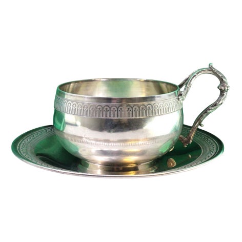 Silver Cup and Saucer with Raised Borders and Cut-Out Handle, Set of 2 For Sale