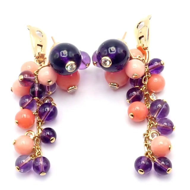 Metal 1980s Pair of Cartier Rose Gold Coral Amethyst Diamond Delices De Goa Earrings For Sale - Image 7 of 17