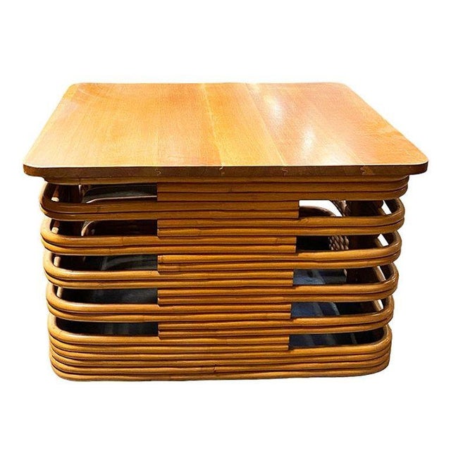 Mid-Century Modern 1940s Restored Rare 18" Tall Stacked Rattan MCM Coffee Table W/ Mahogany Top For Sale - Image 3 of 8