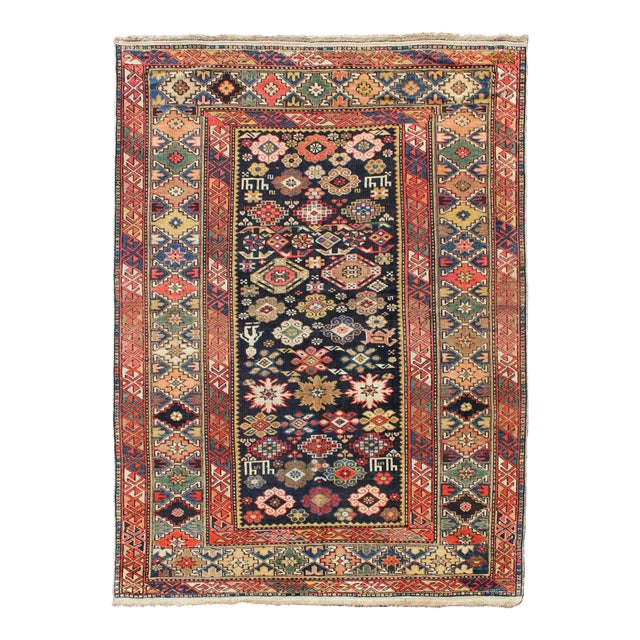 Colorful Antique Kuba Carpet With Intricate Geometric Design 3'7"x5'1" For Sale