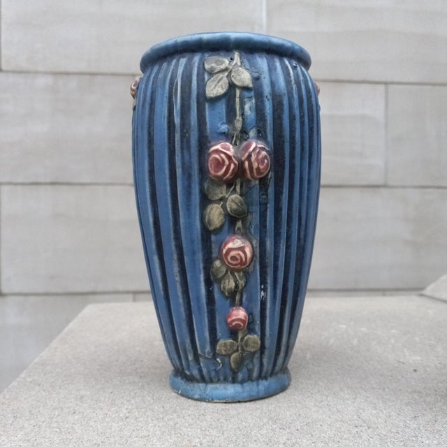 1910s 1915 Weller Art Pottery Blue Drapery Pair (2x) of Vases For Sale - Image 5 of 12