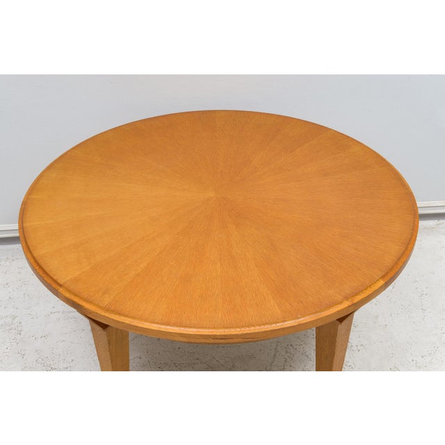 French Circular Coffee Table in Oak on Tapered Legs Ending in Brass Sabots For Sale - Image 4 of 7