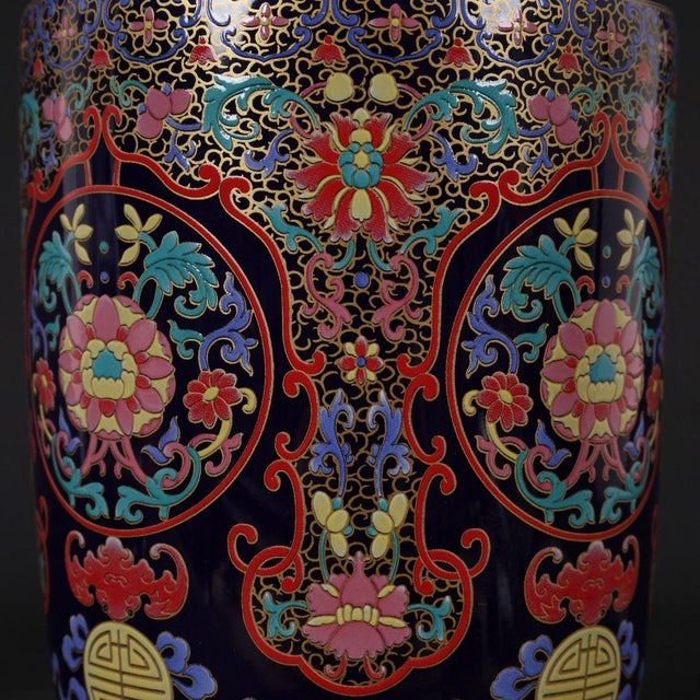 Dark Blue Ground Famille Rose Shou Symbol Floral Rouleau Vase, Chinoiserie Decor Vessel For Sale - Image 9 of 9