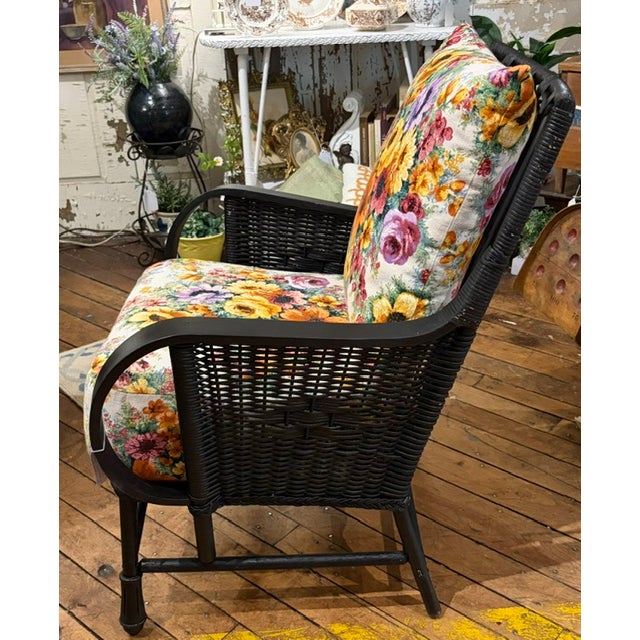 Mid-Century Modern Vintage Rattan Wicker Chair With Floral Cushions For Sale - Image 3 of 6