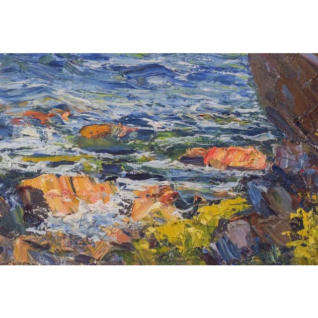 This dynamic, powerful piece evokes the energy and force of the ocean. The heavy impasto and palette knife technique gives...