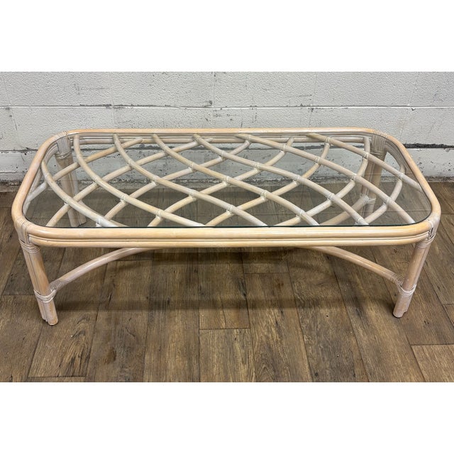 This is a gorgeous vintage Mid Century Modern MCM style organic coastal rattan and bamboo and glass cocktail table or...