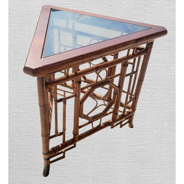 Chinese Vintage Chinese Chippendale Regency Bamboo Triangle Small Glass Top Side Table For Sale - Image 3 of 6