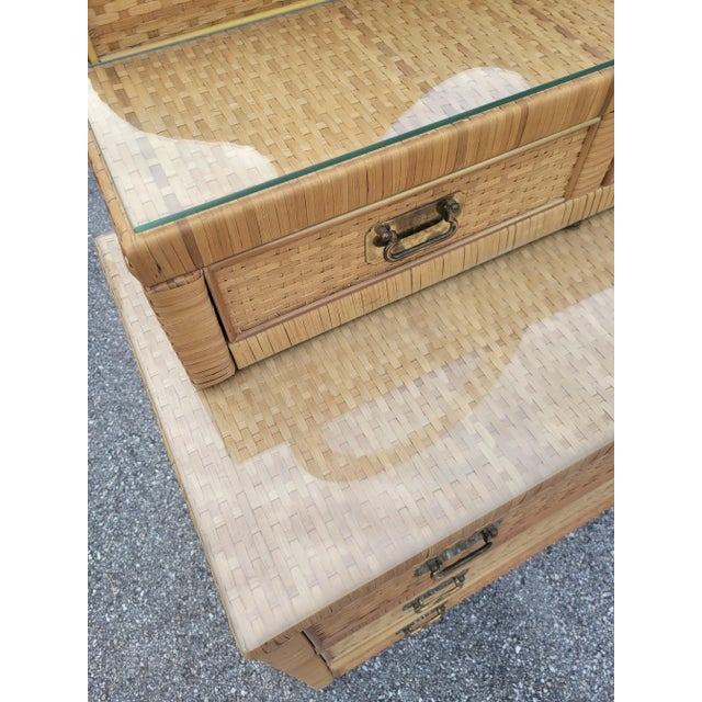 Vintage Rattan Wrapped Campaign Style 3 Drawer Mirrored Storage Top Chest of Drawers by Dixie For Sale - Image 17 of 18