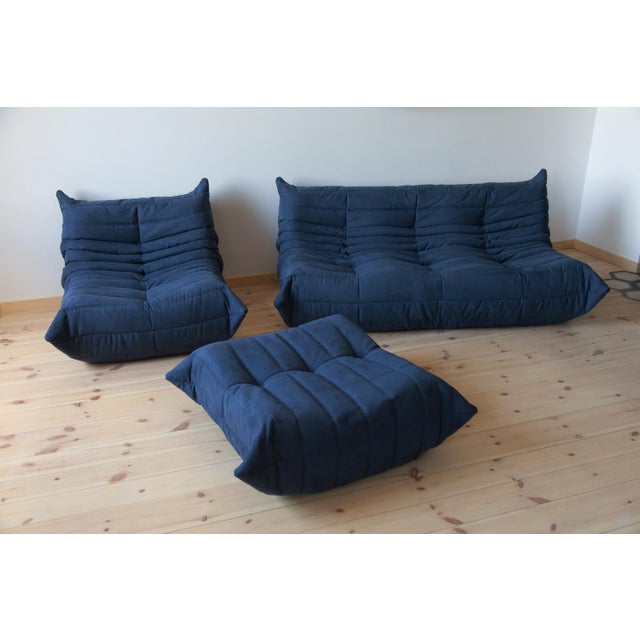 Blue Microfiber Togo Lounge Chair with Pouf and Three-Seat Sofa by Michel Ducaroy for Ligne Roset, 1970, Set of 3 For Sale - Image 12 of 12