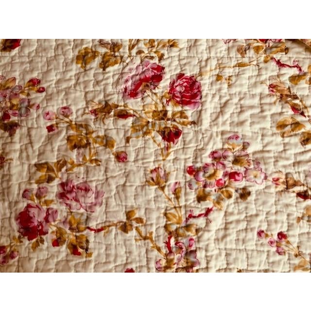Vintage French Boutis Throw Quilt, Hand-Printed Garden Roses & Stripe Reverse, Scalloped Edge, Paris Flea Market, Circa 1950s For Sale - Image 9 of 15