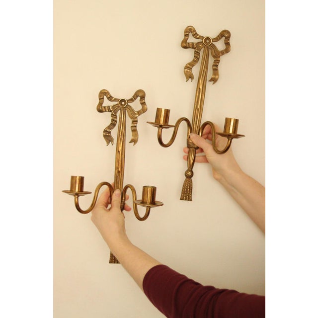 Vintage French Brass Double Arm Bow Sconces, Set of 2 For Sale - Image 10 of 13