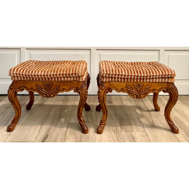 Pair of Traditional Fremarc Carved French Provincial Pillow Top Ottomans For Sale - Image 14 of 14
