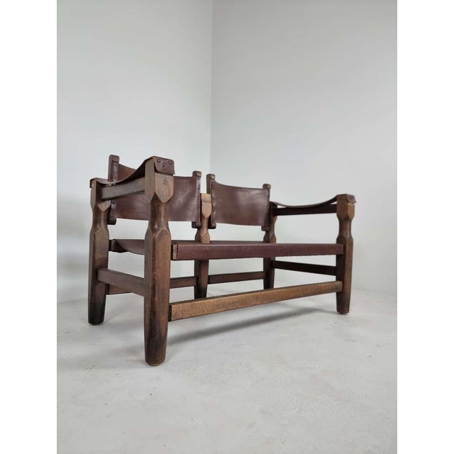 Spanish Brutalist Safari Bench in Brown Leather For Sale - Image 4 of 14