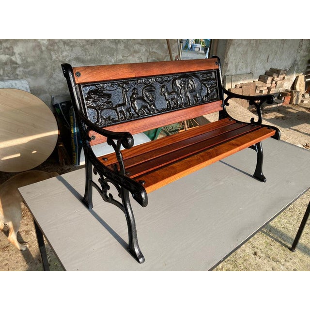 Wood Childrens Safari Animals Themed Hand Painted Cast Iron & Mahogany Garden Bench For Sale - Image 7 of 11