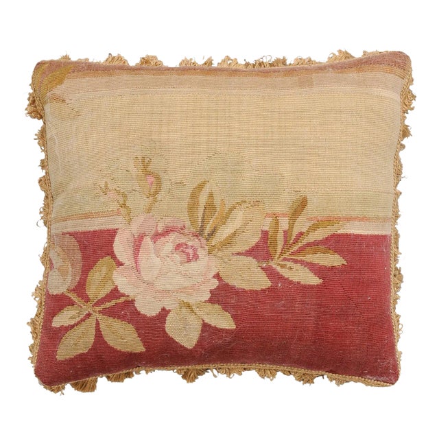 French 19th Century Aubusson Tapestry Pillow with Rose, Foliage and Tassels For Sale