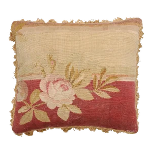French 19th Century Aubusson Tapestry Pillow with Rose, Foliage and Tassels