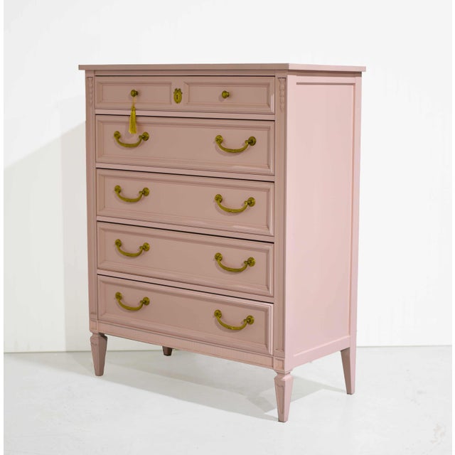 Mid 20th Century Mid Century Transitional Highboy Dresser in Pink- Newly Painted For Sale - Image 5 of 11