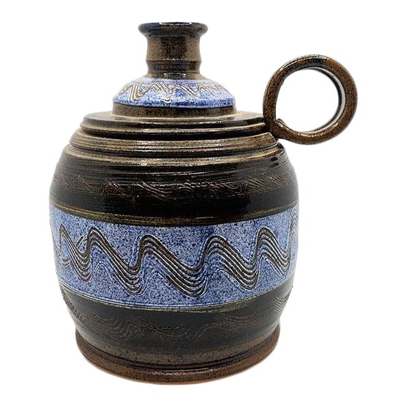Mid Century Ceramic Vessel Vase or Carafe in Blue and Brown - Signed For Sale