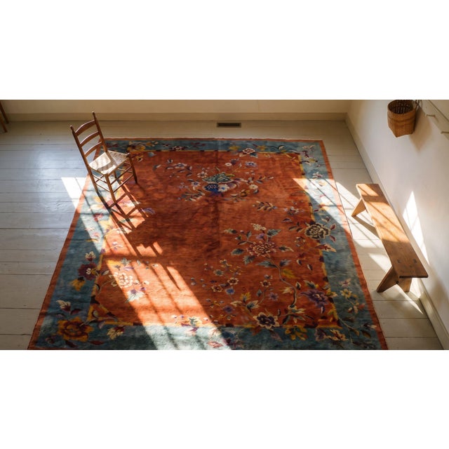 1920s Burnt Orange Floral Antique Chinese Art Deco Carpet 8' 9" X 11' 3" Knotted Wool Rug For Sale - Image 13 of 15