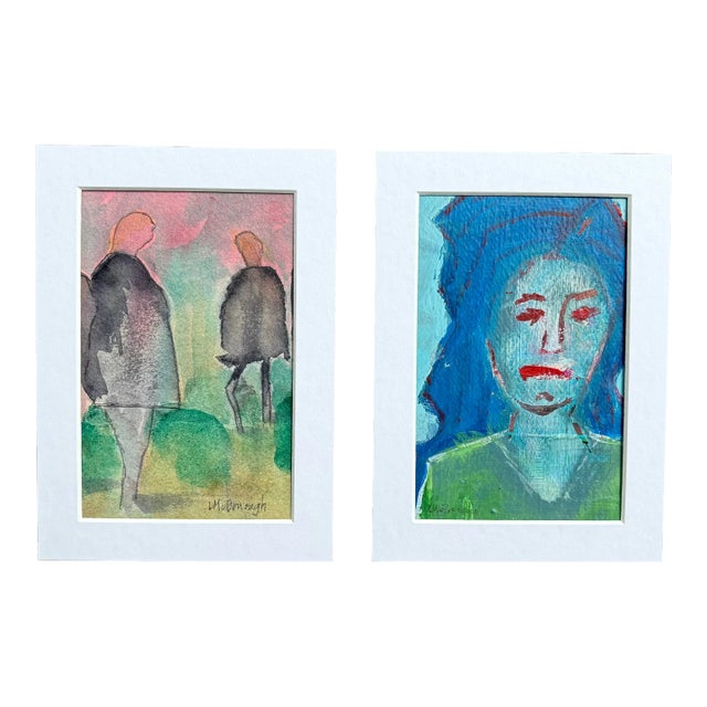 “a Rigid Dichotomy and Another Monday” Original Expressionist Portrait Paintings by Linda McDonough - a Pair For Sale