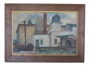 1940s Industrial "Railroad Siding" Painting on Board by John Fraser