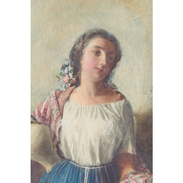 A romantic gouache water color of a young woman with jug and shawl by Italian 19th century painter Arturo Faldi...
